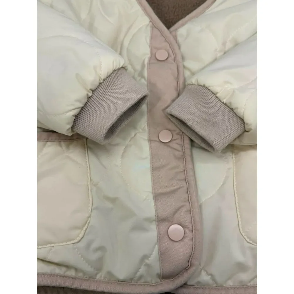 Kids Reversible Sherpa Quilted Neutral Brown Cream Snap Jacket